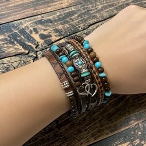 Boho Western Turquoise Beaded Leather Multi Strand Bracelet Double Heart